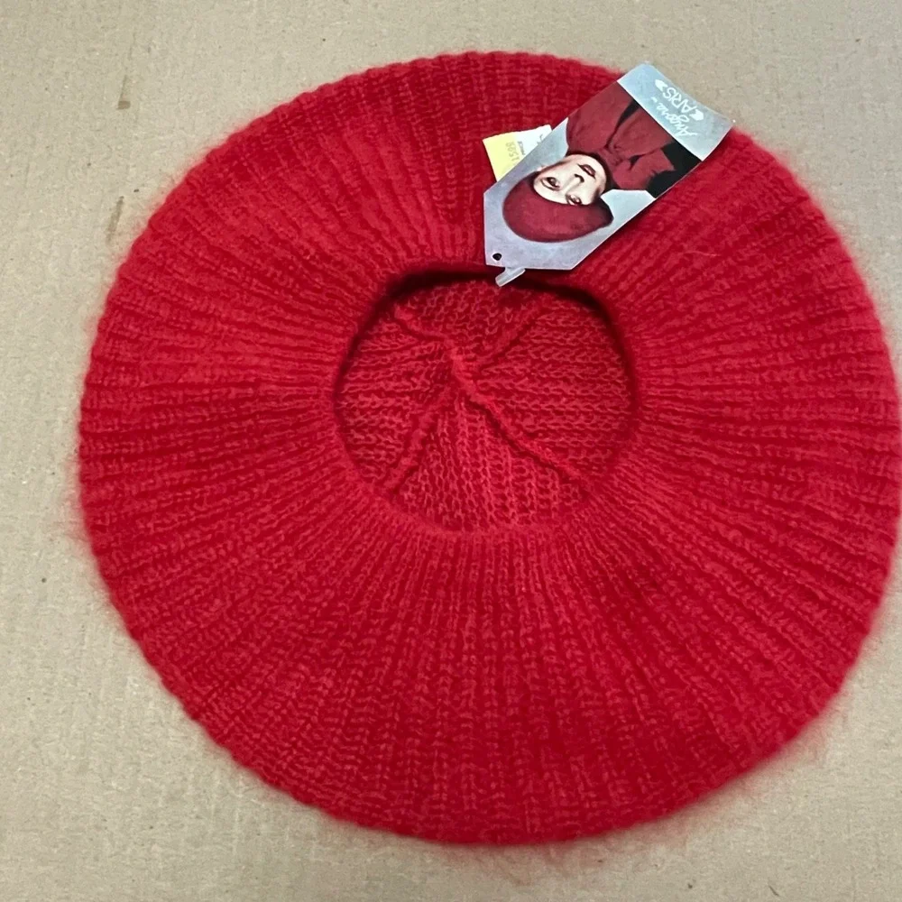 Vintage Aris Red Angora Fur Knit Slouchy Beret‎ Hat NWT Deadstock French Style
